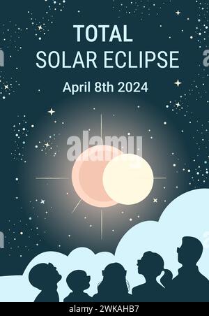 People in glasses watching solar eclipse on starry sky. Hand drawn vector banner or flyer design.  Stock Vector