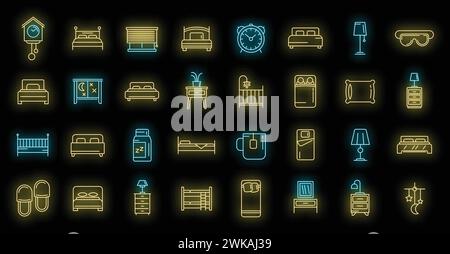Bedroom icons set. Outline set of bedroom vector icons neon color on black Stock Vector