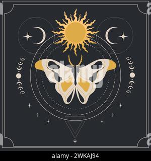 Celestial background with a butterfly, sun, crescent and stars. Magical boho illustration. Vector illustration Stock Vector