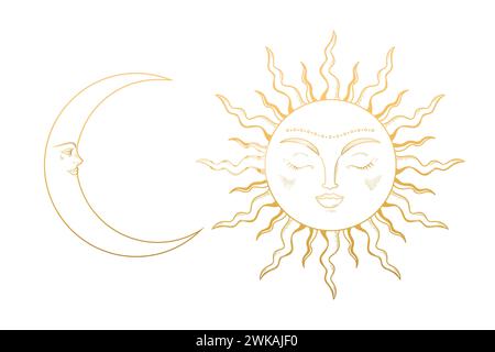 Moon Crescent and Sun. Gold celestial symbols. Vector illustration Stock Vector