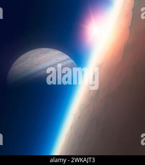 View of the planet Jupiter. Jupiter seen from one of its moons. Solar system. 3d rendering. Element of this image is furnished by Nasa Stock Photo