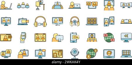 Live online meeting icons set. Outline set of live online meeting vector icons thin line color flat on white Stock Vector