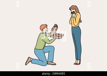 Man gives pizza to beloved, standing on knee and delighting girlfriend with fresh food from italian restaurant. Cheerful boyfriend proposes marriage to girl, with pizza instead of wedding ring Stock Vector
