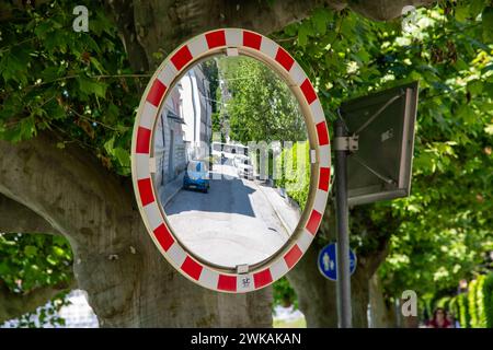 Traffic Sign Pattern Mirrored a traffic mirror with red and white border reflects a car on a road ...