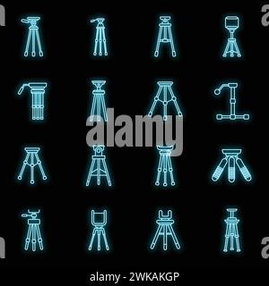 Tripod support icons set. Outline set of tripod support vector icons neon color on black Stock Vector