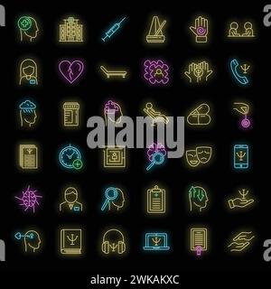 Supporting mental health icons set. Outline set of Supporting mental health vector icons neon color on black Stock Vector