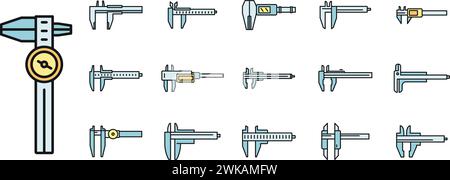 Calibrated calipers icons set outline vector. Control device. Construction calipers Stock Vector