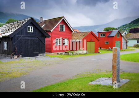 View of boathouses in Vik, Norway Stock Photo