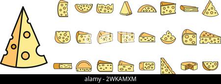Cheese product icons set. Outline set of cheese product vector icons thin line color flat on white Stock Vector