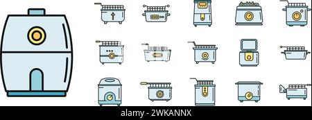 Cook deep fryer icons set outline vector. Electric bake food. Hot fat chips Stock Vector