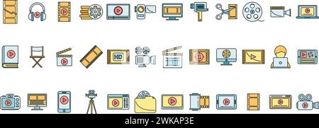 Online video editing icons set outline vector. Video screen player. Play movie Stock Vector