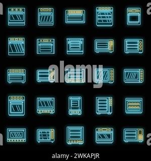 Convection oven appliance icons set. Outline set of convection oven appliance vector icons neon color on black Stock Vector