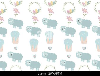 Seamless pattern with lambs, easter wreaths and Easter cakes and flowers on white background. Stock Vector