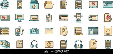 Listening playlist icons set outline vector. Music group. Radio album playlist Stock Vector