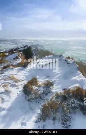 A digital oil painting of a winter rural landscape at The Roaches in the Peak District National Park, Staffordshire, England, UK. Stock Photo