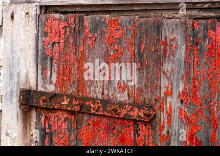 Peeling red paint on the door of an abandoned barn. Stock Photo