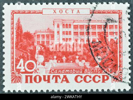 Cancelled postage stamps printed by Soviet Union, that shows Sanatorium of Trade Unions of USSR, Khosta, Health Resorts of the USSR, circa 1949. Stock Photo
