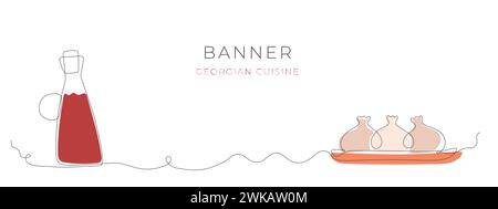 Linear georgian cuisine, red wine in vessel, khinkali vector banner for menu. Stock Vector