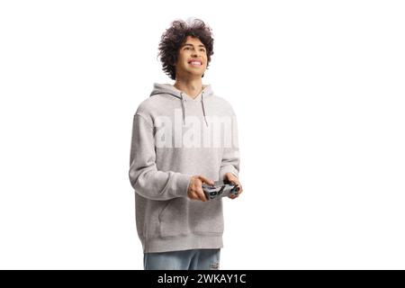 Guy holding a drone cotroller device and looking up isolated on white background Stock Photo