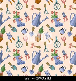 Seamless square pattern with garden tools and spring flowers on a light background. Stock Vector
