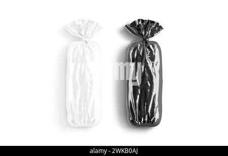 Blank black and white bread cellophane pack mockup, top view, 3d rendering. Empty cellophane package for baked loaf mock up, isolated. Clear polymer w Stock Photo
