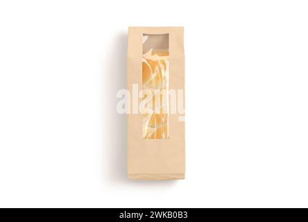Blank craft paper pack with window for bread mockup, isolated, 3d rendering. Empty baguette or toast loaf protection packaged mock up, top view. Clear Stock Photo