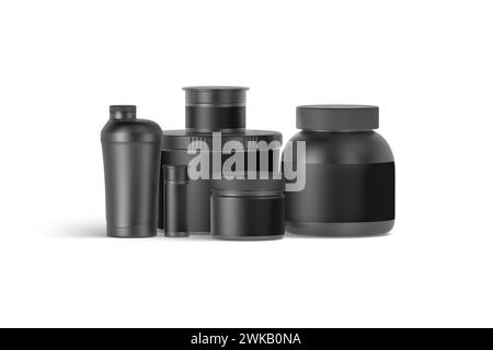 Blank black protein can, bottle and shaker mockup, front view, 3d rendering. Empty conservation package for training whey mock up, isolated. Clear pre Stock Photo