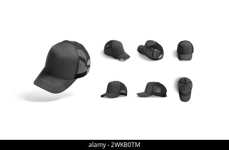 Blank black trucker hat mockup, different views, 3d rendering. Empty sporty or casual baseball headdres mock up, isolated. Clear protection head acces Stock Photo