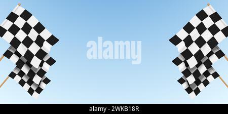 Checkered racing flags wave against a clear blue sky background with copy space, symbolizing the start or finish of a car race event, vector illustration. Stock Vector