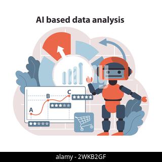AI-Powered Data Analysis. Advanced robotics integrating with analytics for comprehensive business intelligence. Illustrating machine learning's role in data-driven decision-making. Flat vector. Stock Vector