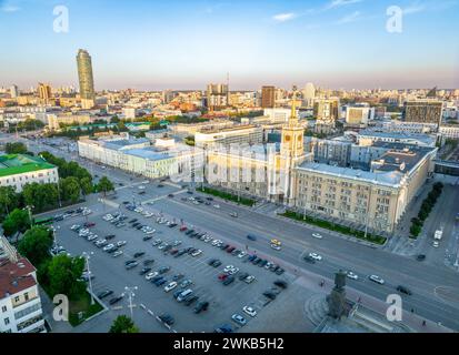 Yekaterinburg City Administration or City Hall and Central square at summer evening. Evening city in the summer sunset, Aerial View. Top view of city Stock Photo