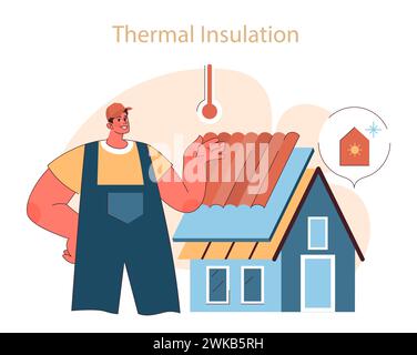 Thermal Insulation concept. Technician installs roof insulation, enhancing home energy efficiency for climate control. Flat vector illustration Stock Vector