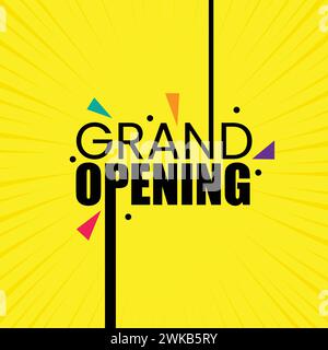 Grand opening banner design with celebration elements on yellow background. Opening soon typography poster design. Grand opening template design Stock Vector