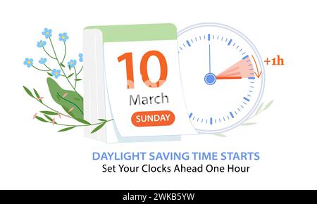 Daylight saving time, 2023 concept. Alarm clock and calendar with the date of March 10, on the floral background. Spring Forward reminder banner with Stock Photo