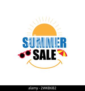Summer sale vector illustration with sunglasses, umbrella, sun, smile icon. Summer special discount promotion business tag. Stock Vector