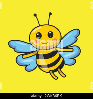 Happy flying Bee cartoon illustration. Cute bee flat style vector art. Bee sticker for T shirt, Icon, web, element. Adorable wildlife smiling bee masc Stock Vector