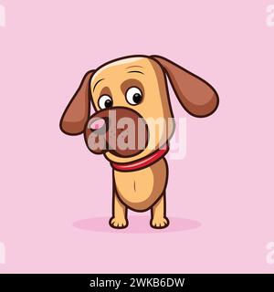 Funny cartoon dog character vector illustration. Sitting front view adorable little dog art. Labrador puppy cartoon character isolated on pink backgro Stock Vector