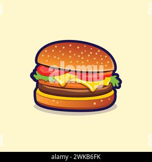 Cartoon cheese Burger vector illustration isolated on yellow background. Flat style Fast food clip art. Restaurant food menu sign and symbol. Western, Stock Vector