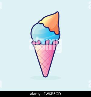 Cute cartoon Ice-cream vector illustration on blue background. Colorful flat style vector cone ice cream. Taste Summer food clip art sign and symbol. Stock Vector