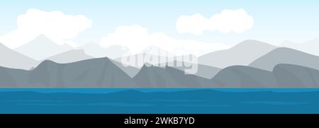 Realistic vector mountains landscape, blue water and sky with clouds on wide background. Vector illustration banner graphic design with mountains Stock Vector