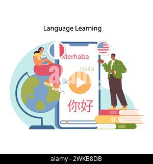 Global linguistics concept. Man and woman learn new words through studying app. Students engaging with diverse languages. World of opportunities unlocked through language learning. Flat vector Stock Vector