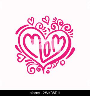 Mom lettering logo on a decorative heart shape illustration. Mom script logo for t shirt, banner,  poster, greeting card. Mom typography for happy Stock Vector