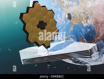 James Webb telescope in outer space near blue planet Earth. James Webb telescope in outer space near blue planet Earth. Elements of this 3D rendered i Stock Photo