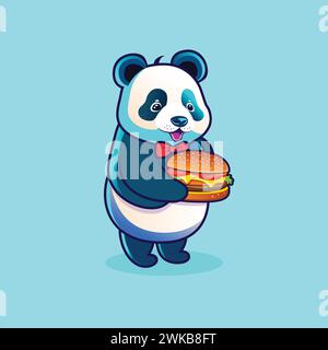 Cute Panda cartoon illustration with a Burger on his hand. Panda Mascot Cartoon Character. Flat Style Panda clip art for Web Landing Page, Banner, Stock Vector