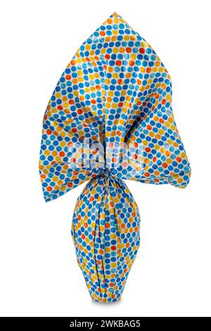 Easter chocolate egg wrapped in paper with multicolored dots isolated on white with clipping path included Stock Photo
