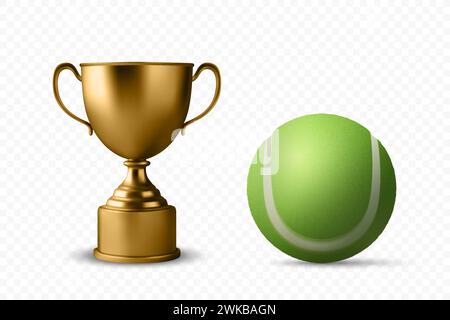 Vector 3d Realistic Blank Golden Champion Cup Icon with Tennis Ball Set Closeup Isolated. Design Template of Championship Trophy. Sports Awards Stock Vector