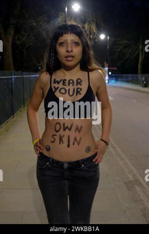 London, UK, 19th February, 2024. An PETA animal rights protester outside the Burberry catwalk show after being removed by security at the venue in Victoria Park. Credit: Eleventh Hour Photography/Alamy Live News Stock Photo