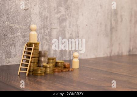 Side view of businessman with a suitcase climbing giant coin stacks with a red arrow in the background. Concept of success. Mock up Stock Photo