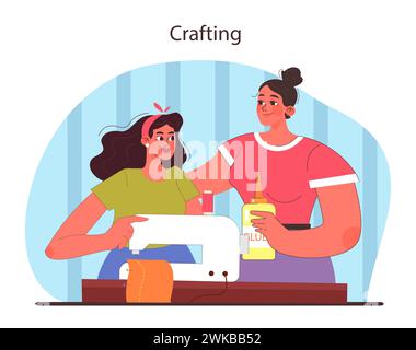 Crafting session concept. Friends sharing creative hobbies. Seamstress skills come to life. Flat vector illustration. Stock Vector