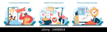 E-commerce, Mobile-First, Privacy and Security set. Enhancing online shopping, advertising strategies, and protecting consumer data. Flat vector illustration. Stock Vector